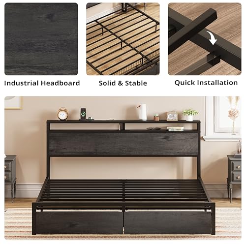 LIKIMIO King Bed Frame with Storage Headboard, Platform Bed with Drawers and Charging Station, No Box Spring Needed, Easy Assembly, Vintage Brown