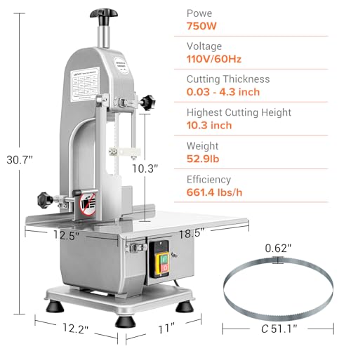 Commercial Electric Meat Saw, 750W Bone Saw For Butchering,110V Meat Bandsaw, Bone Cutting Machine with 2 Saw Blades,0.39-4.3 Cutting Thickness
