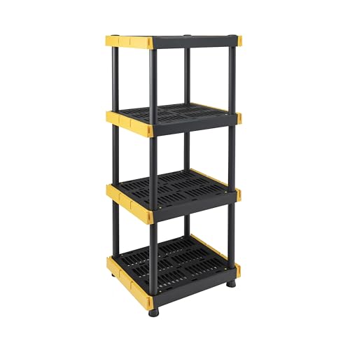 BLACK & YELLOW® 4-Tier Heavy Duty Plastic Storage Shelving Unit, 100lbs/shelf (55”H x 24”W x 20”D), for Indoor/Outdoor Organization, Modular Rack