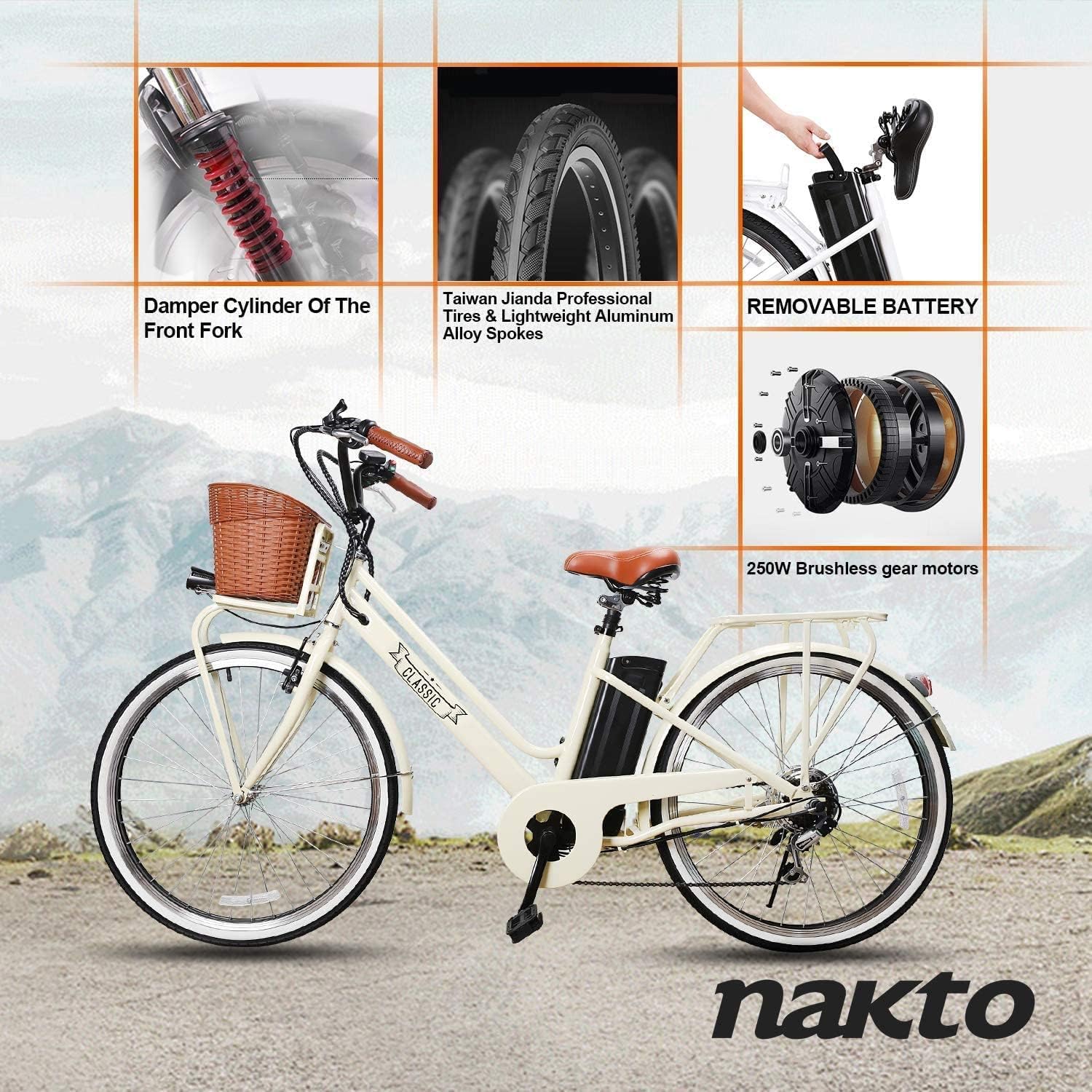 NAKTO Electric Bike, Electric Bike for Adults 26'' E-Bikes with 350W Motor, 20MPH City Bike with Front v Brake, 36V 12AH Removable Battery