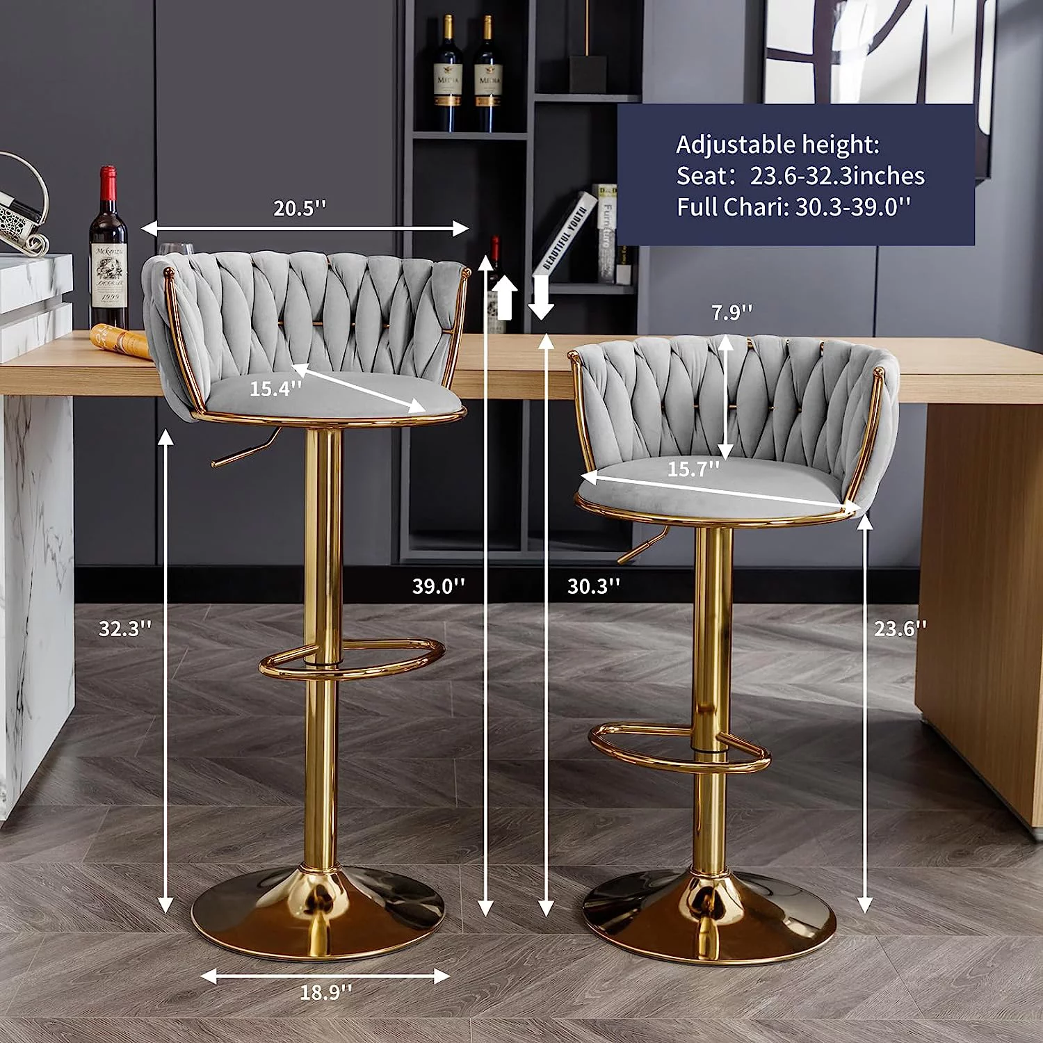 ZAFLY Adjustable Barstools, 360 Degree Swivel Bar Stool with Back at Counter Height Set of 6