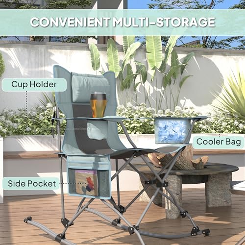 Outsunny Folding Rocking Camping Chairs for Adults, Portable Outdoor Rocking Chairs with Headrest, Cooler Bag, Cup Holder
