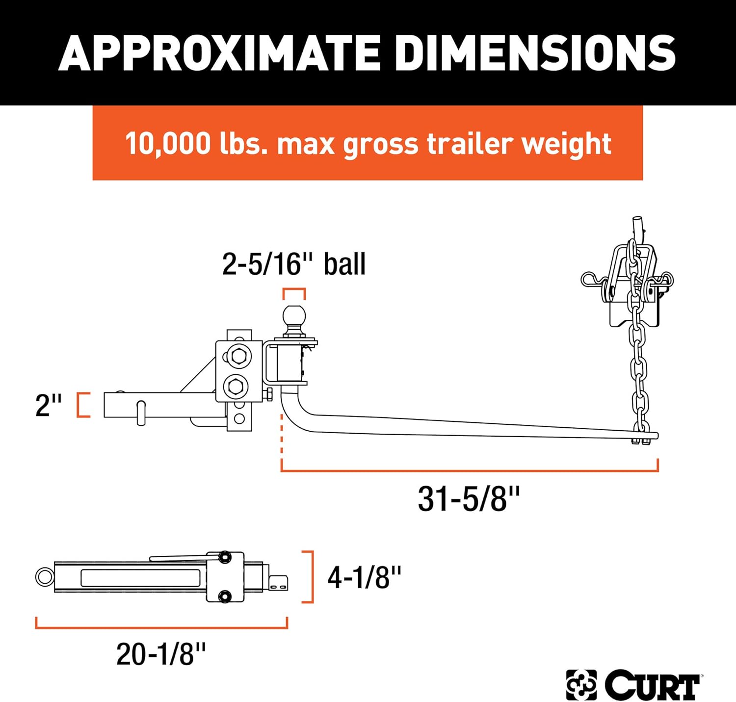 CURT 17022 Round Bar Weight Distribution Hitch with Sway Control, Up to 10K, 2-in Shank, 2-5/16-Inch Ball