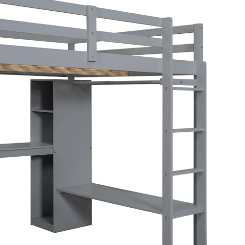 SOFTSEA Full Size Loft Bed with Desk & Wardrobe, Wood Loft Bunk Bed with Storage Shelves and Cabinets