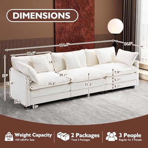 Ihanherry 111.4" U Shaped Modern Cloud Sofa Modular Sectional Couch with 2 Ottoman, 5-Seat Chenille Deep Seat Sofa with Pillow for Living Room