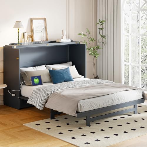 Harper & Bright Designs Full Size Murphy Bed Cabinet Wall Bed, Solid Pine Murphy Bed Chest with USB Ports