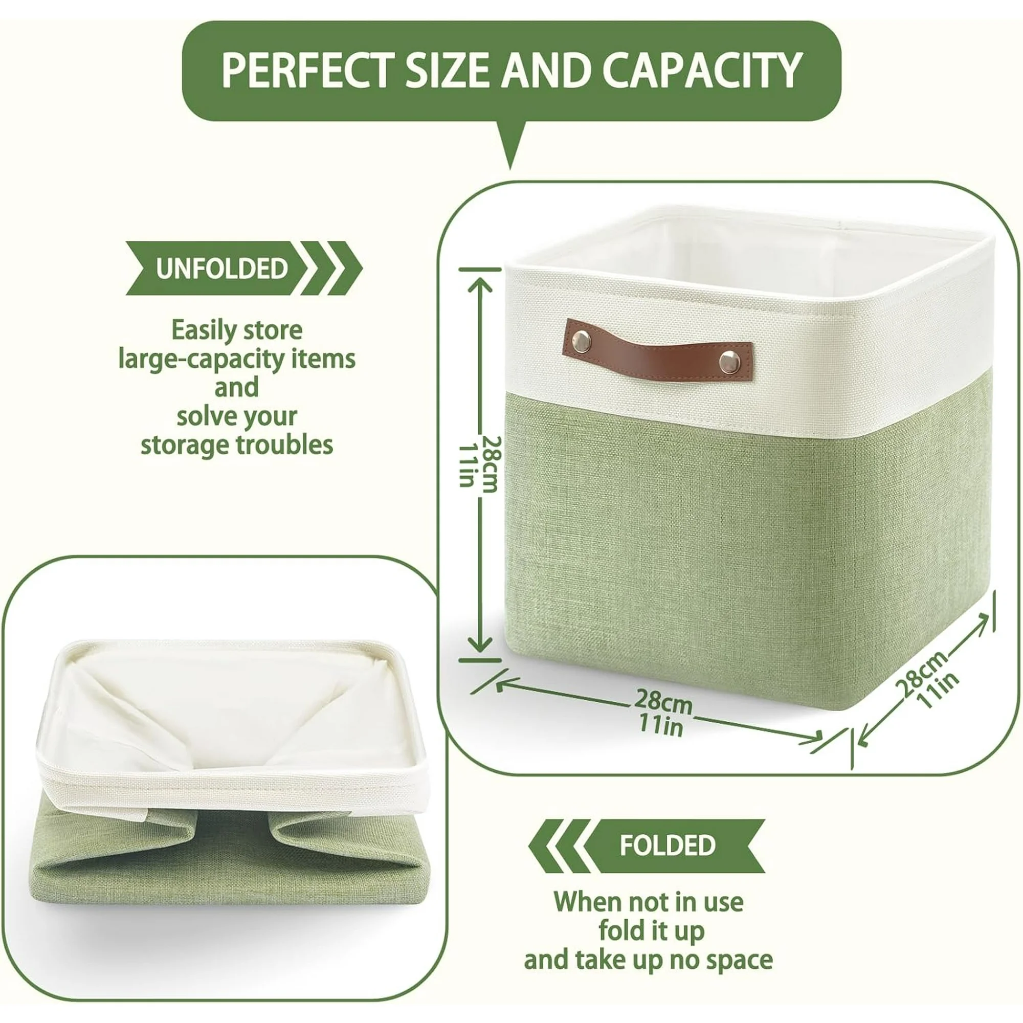 Collapsible Fabric Cube Storage Bins 11x11×11, Pack of 6 Closet Basket Boxes with PU Handles for Organizing Shelves, Toys, Clothes, Home, Laundry