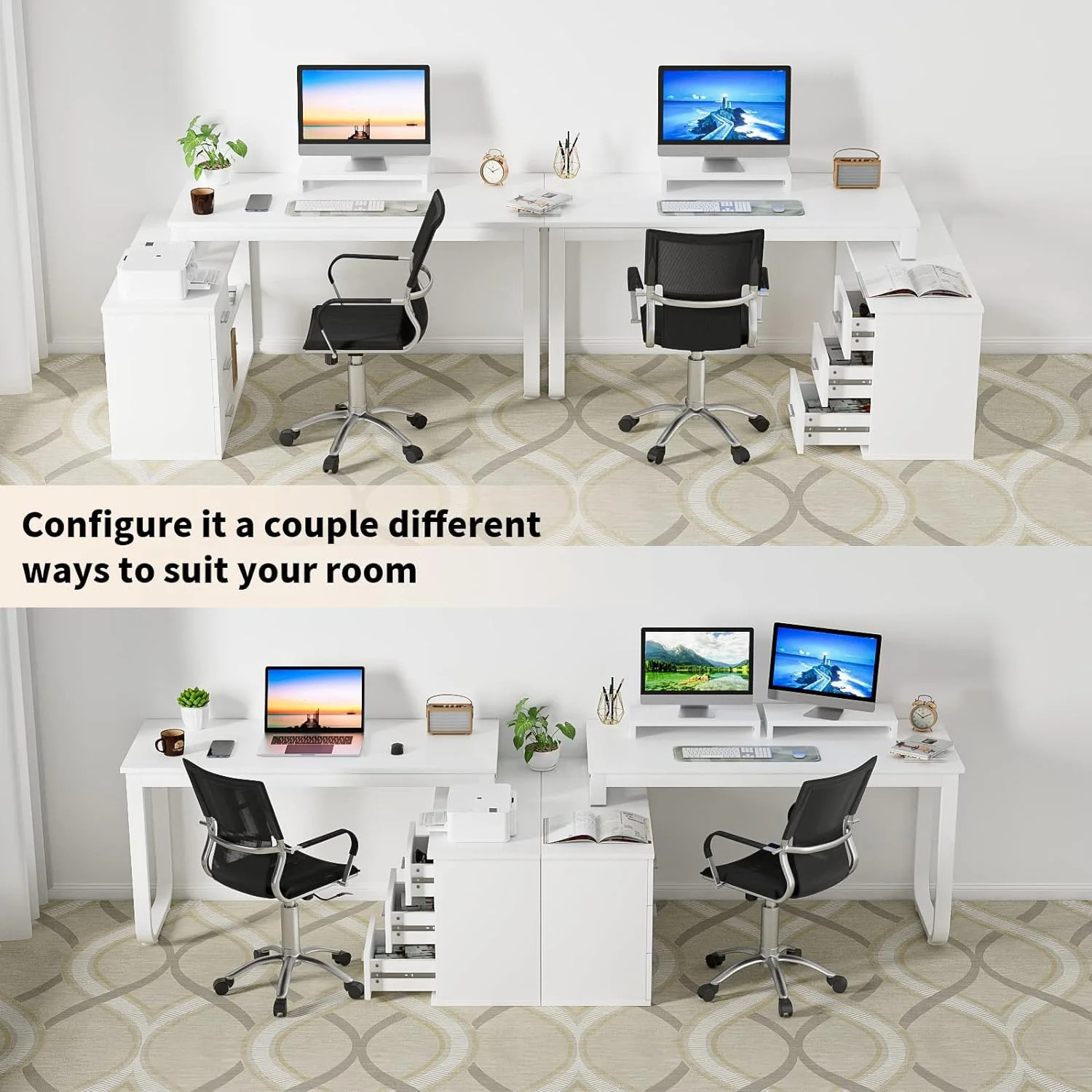White L Shaped Desk with  Drawers  55 inch Reversible L Shaped Desk with 2 Shelves and Monitor Stand  L Shaped Computer Desk with  Cabinet for Small