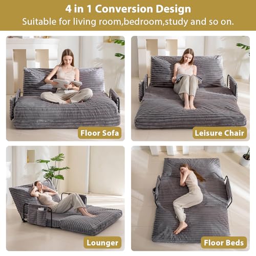 YOSHOOT Adjustable Lazy Floor Sofa, Convertible Bean Bag Sofa Bed Couch, 5-Position Foldable Sleeper Chair with Armrest