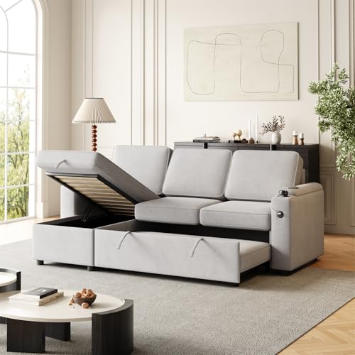 85.8" Sleeper Sectional Sofa, 2 in 1 Pull Out Sofa Bed with Storage Chaise