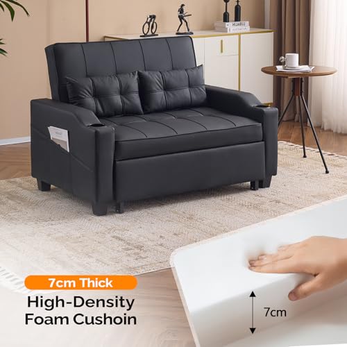 VINGLI Light Green Futon Sofa Bed Convertible Loveseat Sleeper Couch, Faux Leather Pullout Sofa Fold Out Couch Bed with USB Ports, Cup Holders