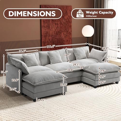 Ihanherry 111.4" U Shaped Modern Cloud Sofa Modular Sectional Couch with 2 Ottoman, 5-Seat Chenille Deep Seat Sofa with Pillow for Living Room