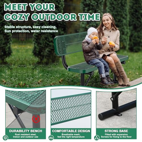 8FT Heavy Duty Park Bench with Back Portable Frame, Outdoor Metal Park Bench with Backrest, Steel Mesh Outdoor Bench for Garden, Lawn, Patio, Porch
