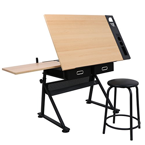 Drafting Table Art Desk, Height Adjustable Drawing Table Tilting Tabletop Work Station with Stool and Storage Drawer for Home, Office, Writing, Black