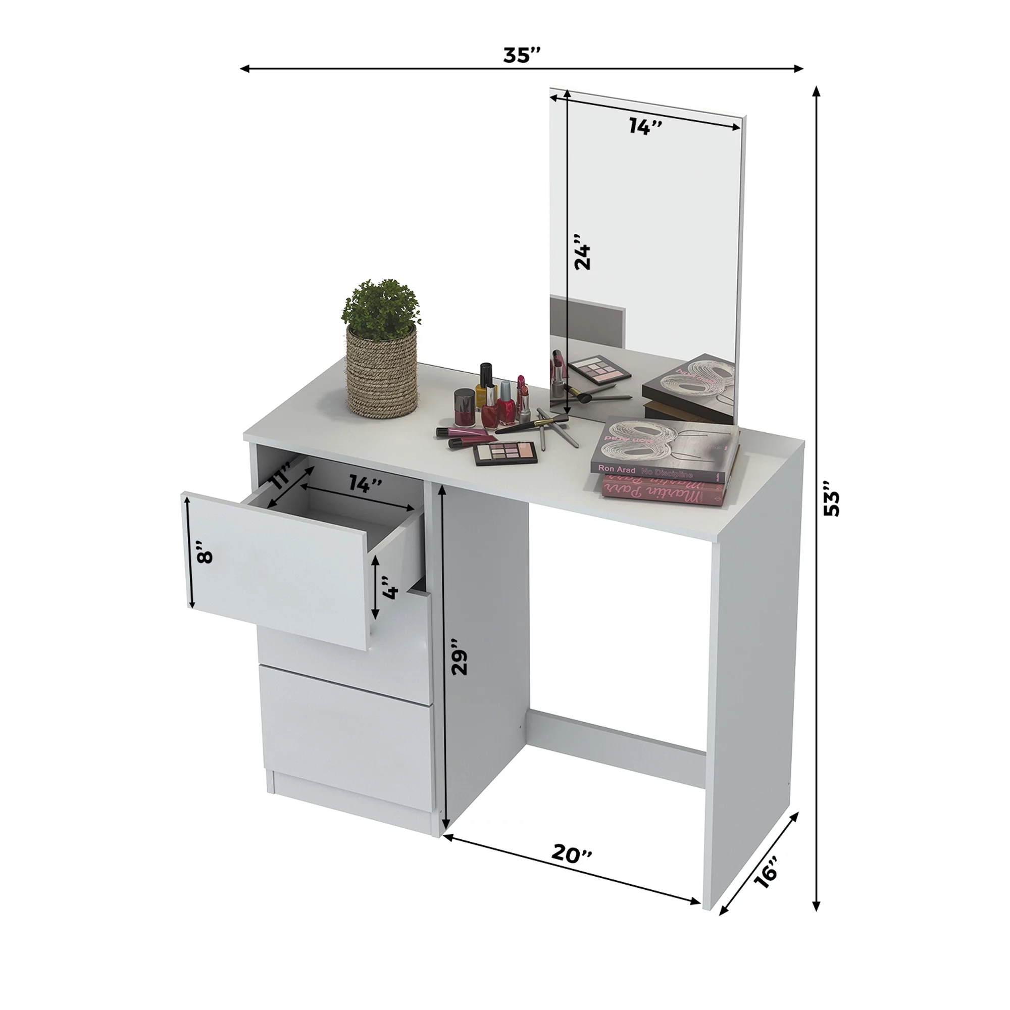 Boahaus Kira Mini Modern Vanity Table 3 Drawers, Mirror, Ample Table Top, White Painted for Bedroom