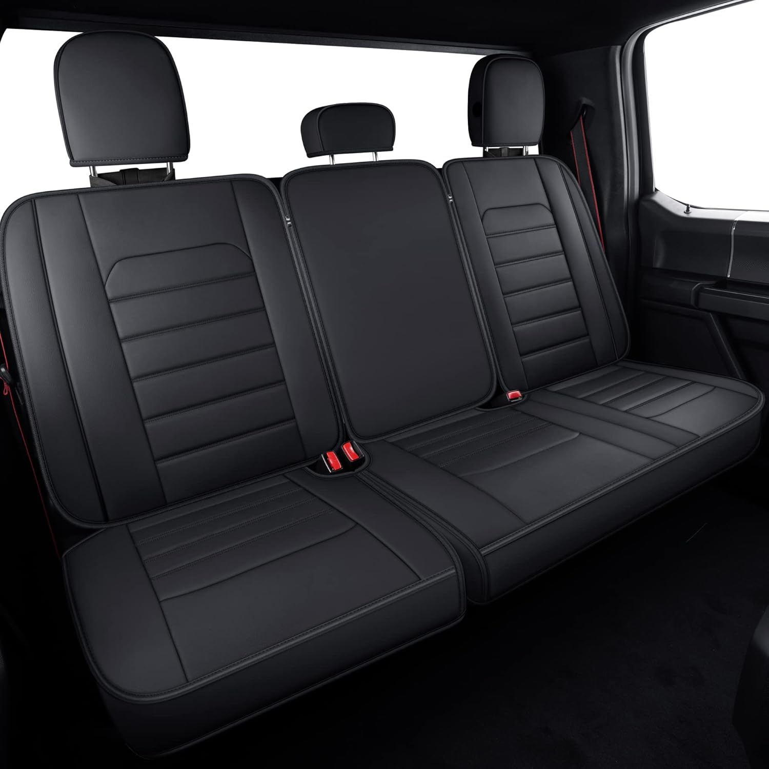 LUCKYMAN CLUB Custom Fit Seat Covers for 2015-2022 F150 Crew Cab, and 2017-2022 F250 F350 Crew Cab with Waterproof Faux Leather (Black & Red)