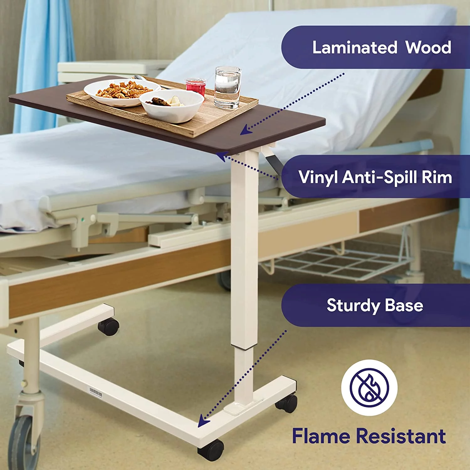 Medacure Adjustable Overbed Table with Wheels - 50 Lb Weight Capacity