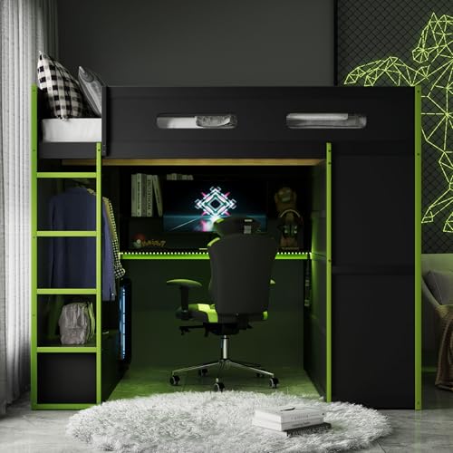 Modern Full Size Gaming Loft Bed with Built-in Desk and Storage Wardrobe, Wood Loft Bed Frame with Light Strip and 2 Drawers