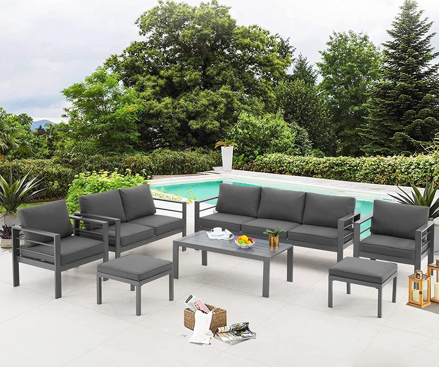 AECOJOY Aluminum Outdoor Furniture Set 7 Pieces Sectional Sofa Patio Conversation Set - Dark Gray