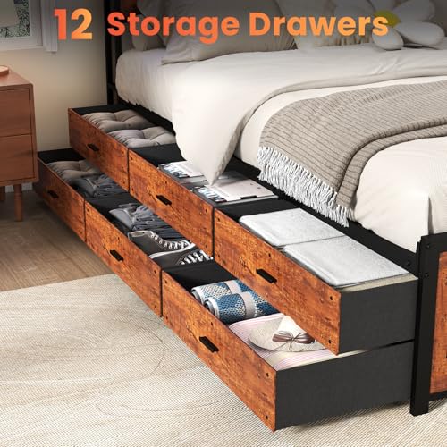 Full Size Bed Frame with Headboard, LED Platform Bed with 4 Storage Drawers, Built in Charging Station, Noise-Free, Metal Support Base