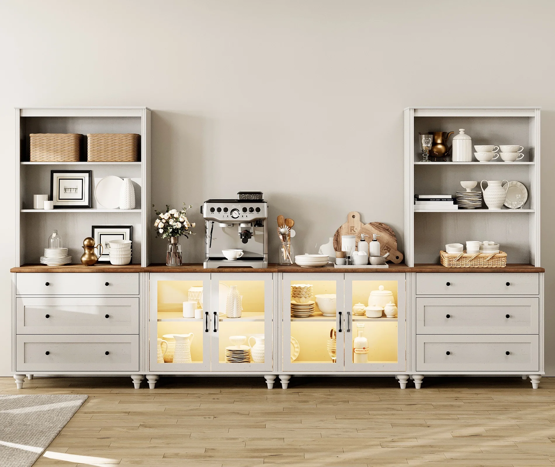 Entertainment Center with Bookshelves with Glass Doors & Drawer, Farmhouse Wall Unit TV Stand for TVs up to 75" , Media Console Table for Living Room