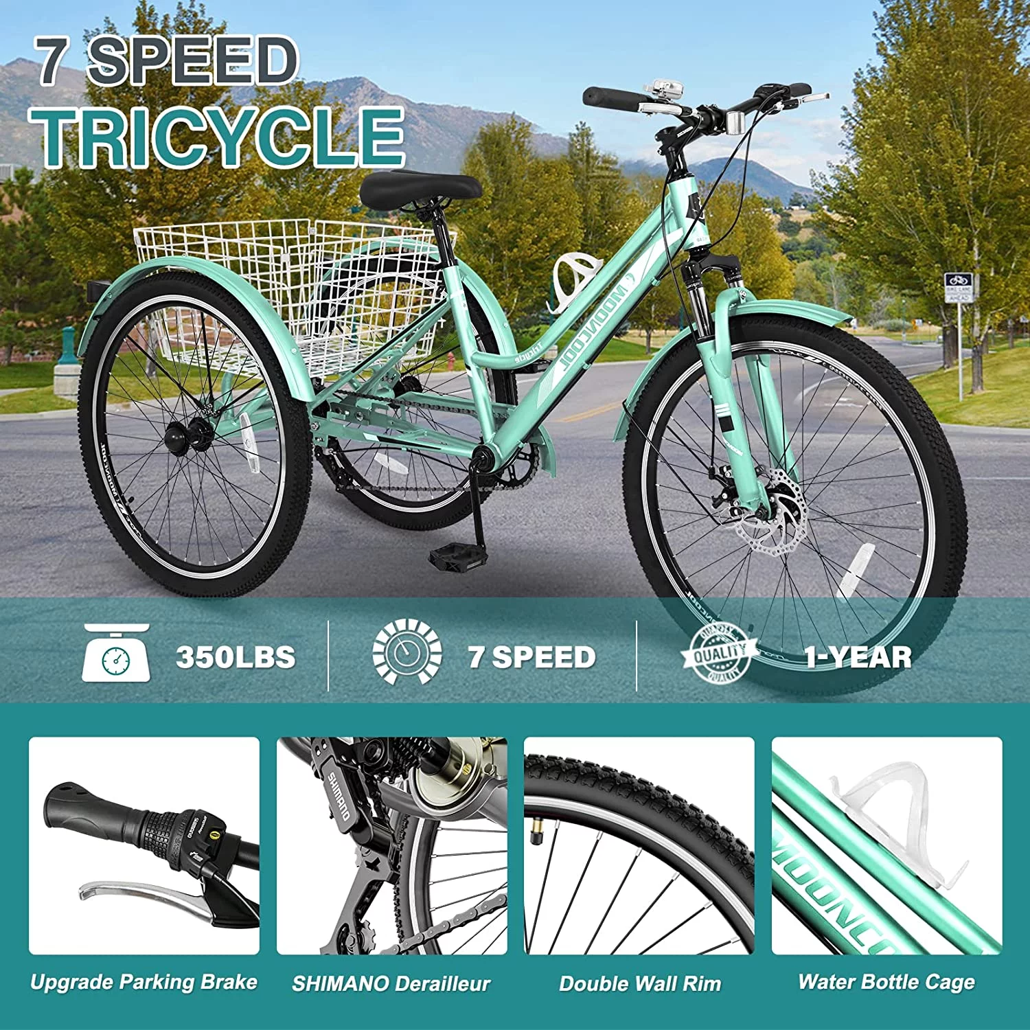 Mooncool Adult Mountain Tricycle, 7 Speed Three Wheel Bike, 24/26/27.5 Inch Adults Trikes for Seniors with Shopping Basket