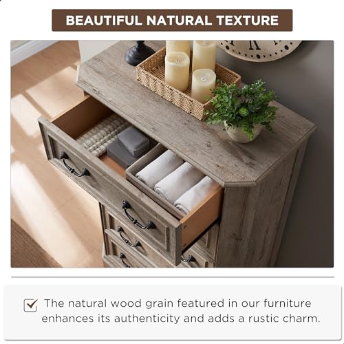 T4TREAM Farmhouse 5 Drawers Dresser for Bedroom, 48" Tall Wood Rustic Chest of Drawers with Natural Texture, Vintage Design
