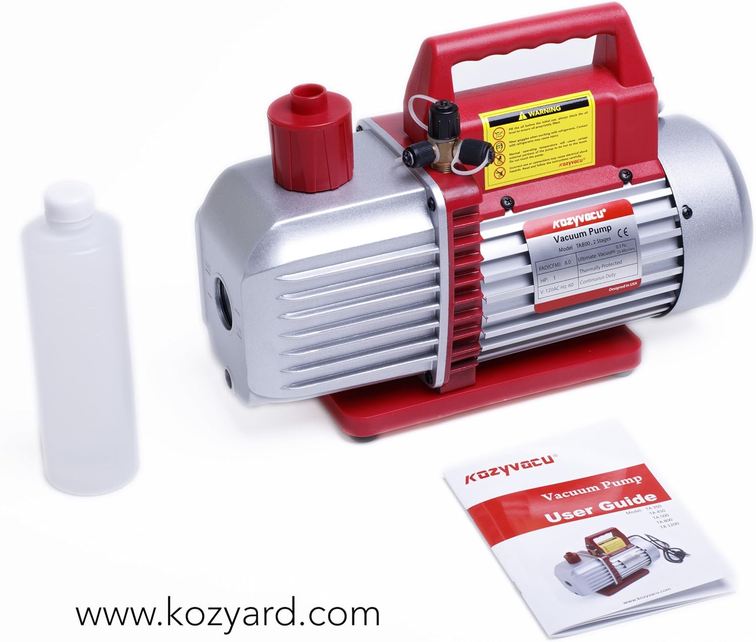Kozyvacu 8CFM Two-Stage Rotary Vane Professional Vacuum Pump (25 Micron, 3/4HP) for HVAC/Auto AC Refrigerant Recharging, Degassing Wine or epoxy