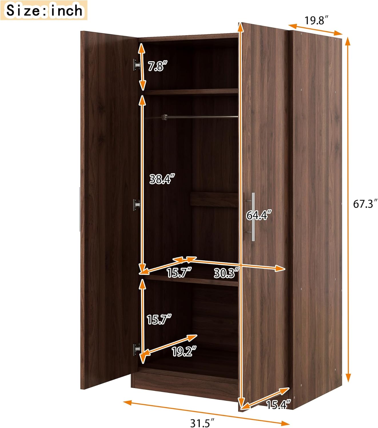 Stylish and Functional 2-Door Wooden Wardrobe Armoire with 3 Adjustable Storage Shelves and a Sturdy Hanging Rod for Optimal Organization and Storage