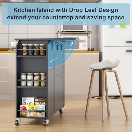 Kitchen Island with Drop Leaf, Rolling kitchen island with power outlet and Led Light, Kitchen Island with Storage Cabinet, Spice Rack, Drawer