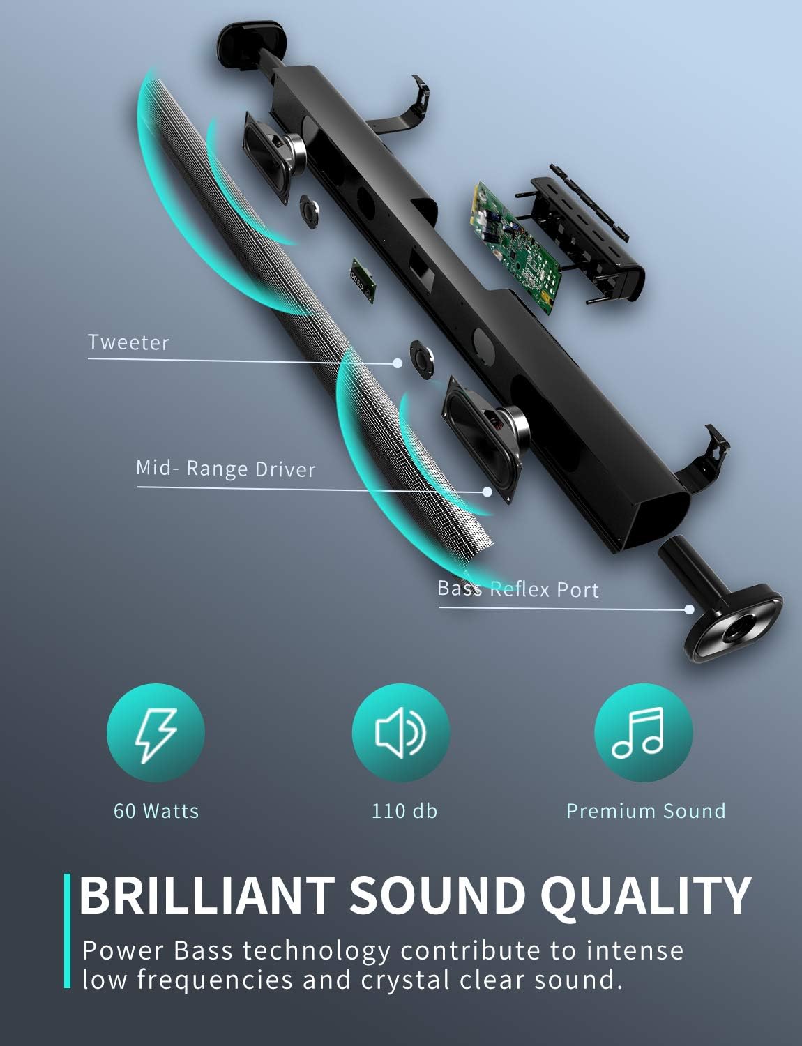 Sound Bar, Sound Bar for TV, Soundbar with Built-in Subwoofer, Wired & Wireless Bluetooth 5.0 Speaker for TV, HDMI/Optical/Aux/USB, Wall Mountable
