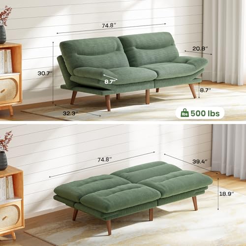 Marsail Futon Sofa Bed, Futon Couch with Adjustable Backrest & Armrests, Convertible Small Sleeper Sofa Bed for Small Apartments, Study Room, Office