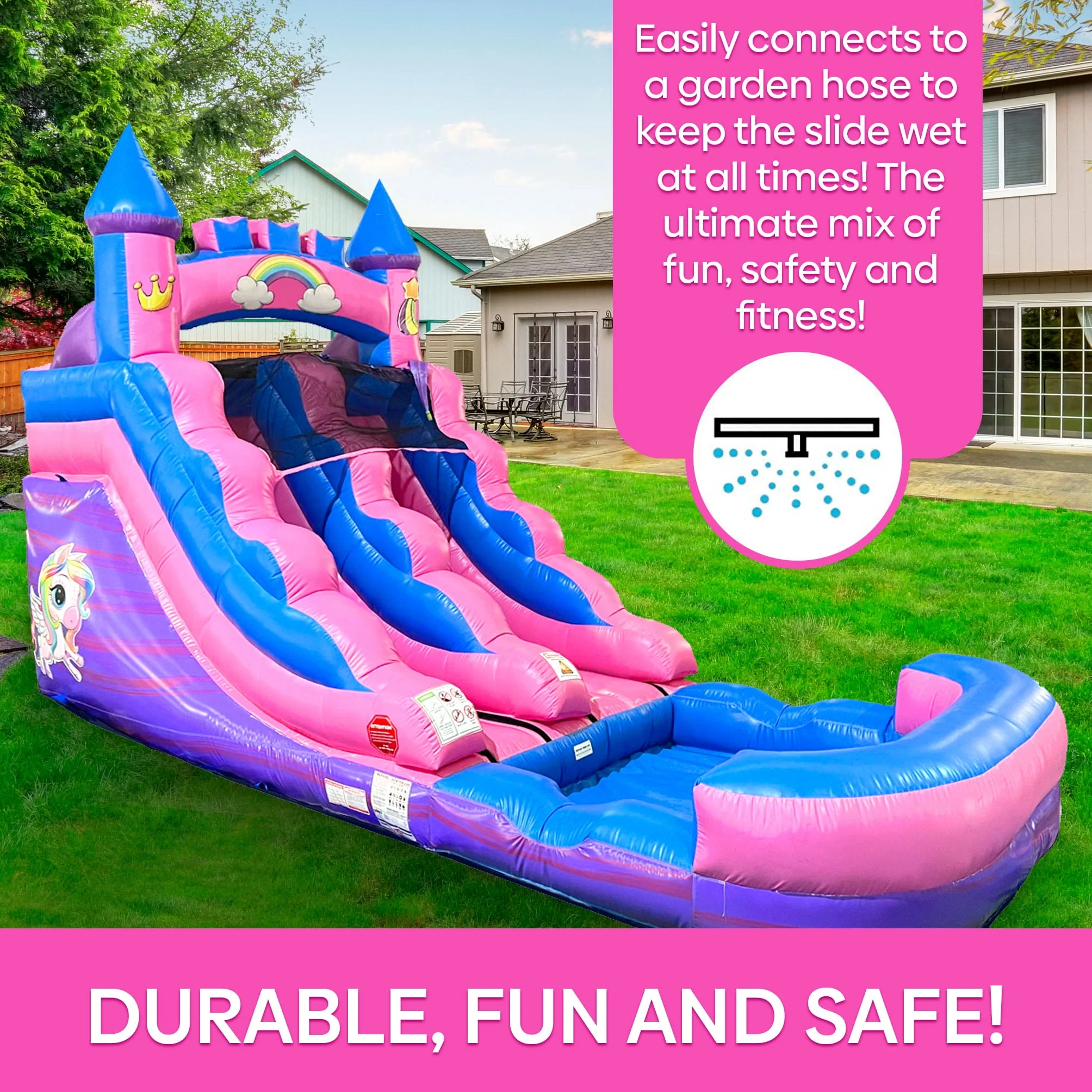 Pogo Bounce House Crossover Kids Inflatable Water Slide, Pink Unicorn with Blower, 12 ft