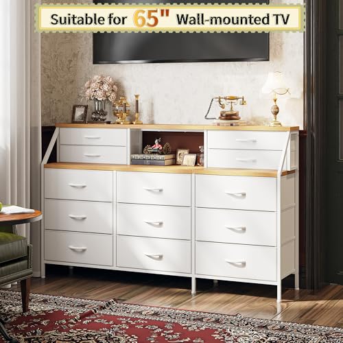 55" W Dresser for Bedroom, Dressers & Chests of Drawers with 13 Fabric Drawers and 2 Open Shelves, Long Vanity Dressers for Bedroom & Closet