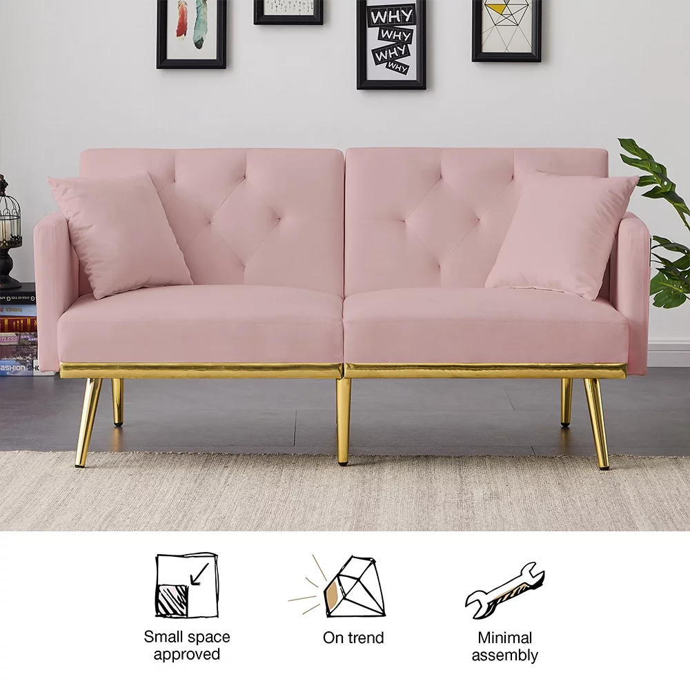 Pink Velvet Futon Couch, Folding Sleeper Sofa, Sofa Couch Bed with 2 Pillows, Modern Upholstered Loveseat Sofa with Gold Metal Legs