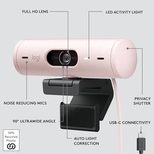 Logitech Brio 500 Full HD Webcam with Auto Light Correction,Show Mode, Dual Noise Reduction Mics, Webcam Privacy Cover, Works with Microsoft Teams