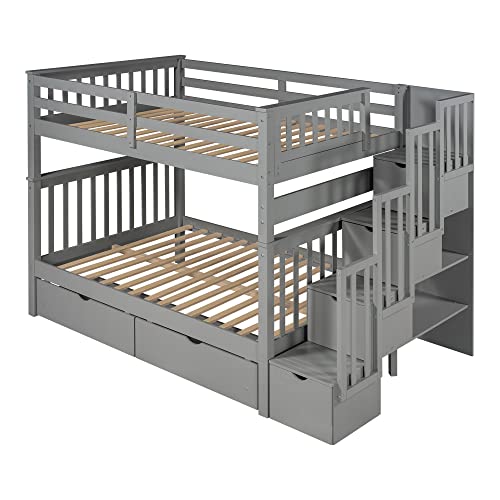 Ball & Cast Twin-Over-Twin Bunk Bed with Twin-Size Trundle and 3 Storage Stairs,Wood Bunkbed w/Full-Length Guardrails,Slat Support