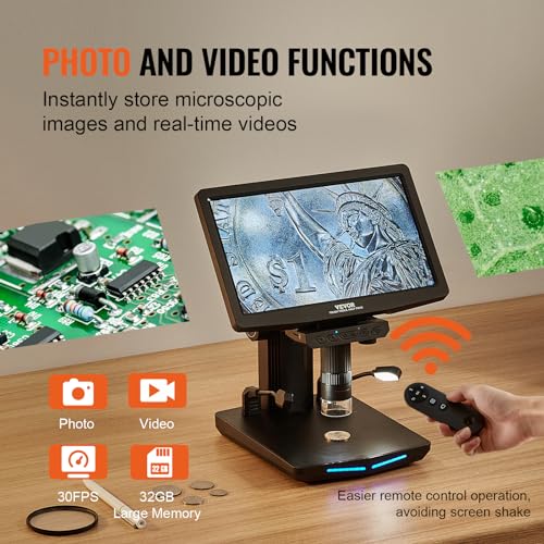 VEVOR 10.1" HDMI LCD Digital Microscope for Adults, Soldering Electron Microscope 1300X with IPS Screen, 8 LED Lights, 2 Flexible Side Lights