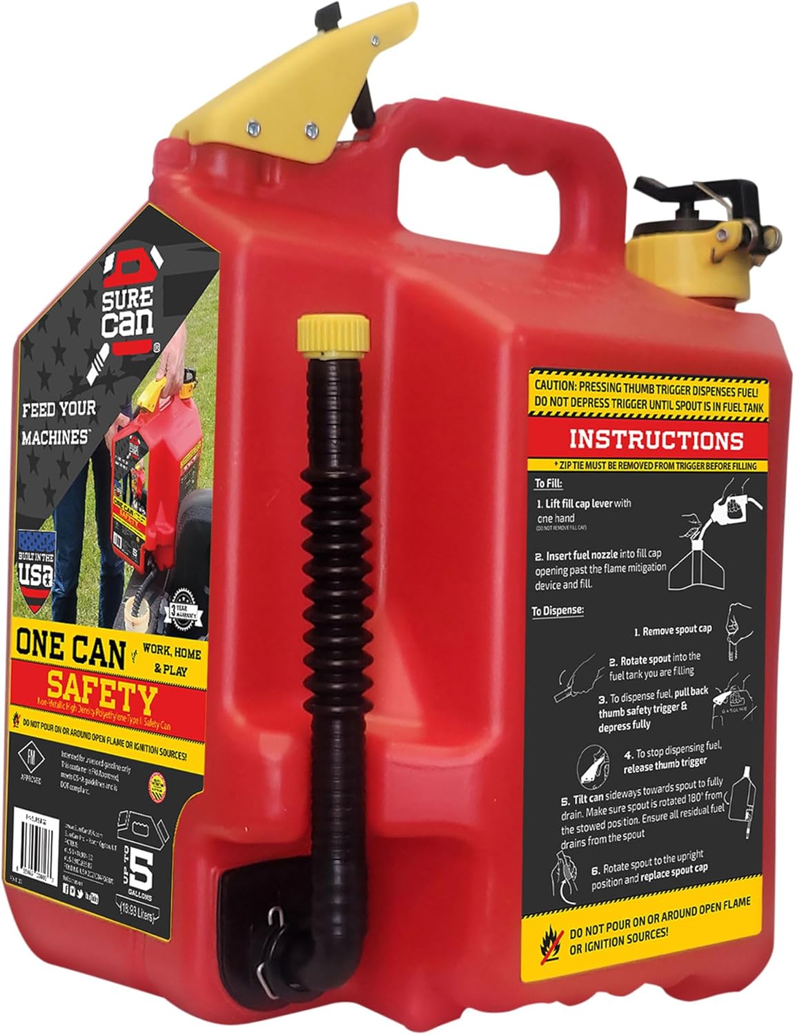 Surecan 5 Gallon Container Type II - Rotating Spout, Self-Venting, & Spill Free, Ideal Large Five Gallon Safety Storage Can (Red, SUR5SFG2)