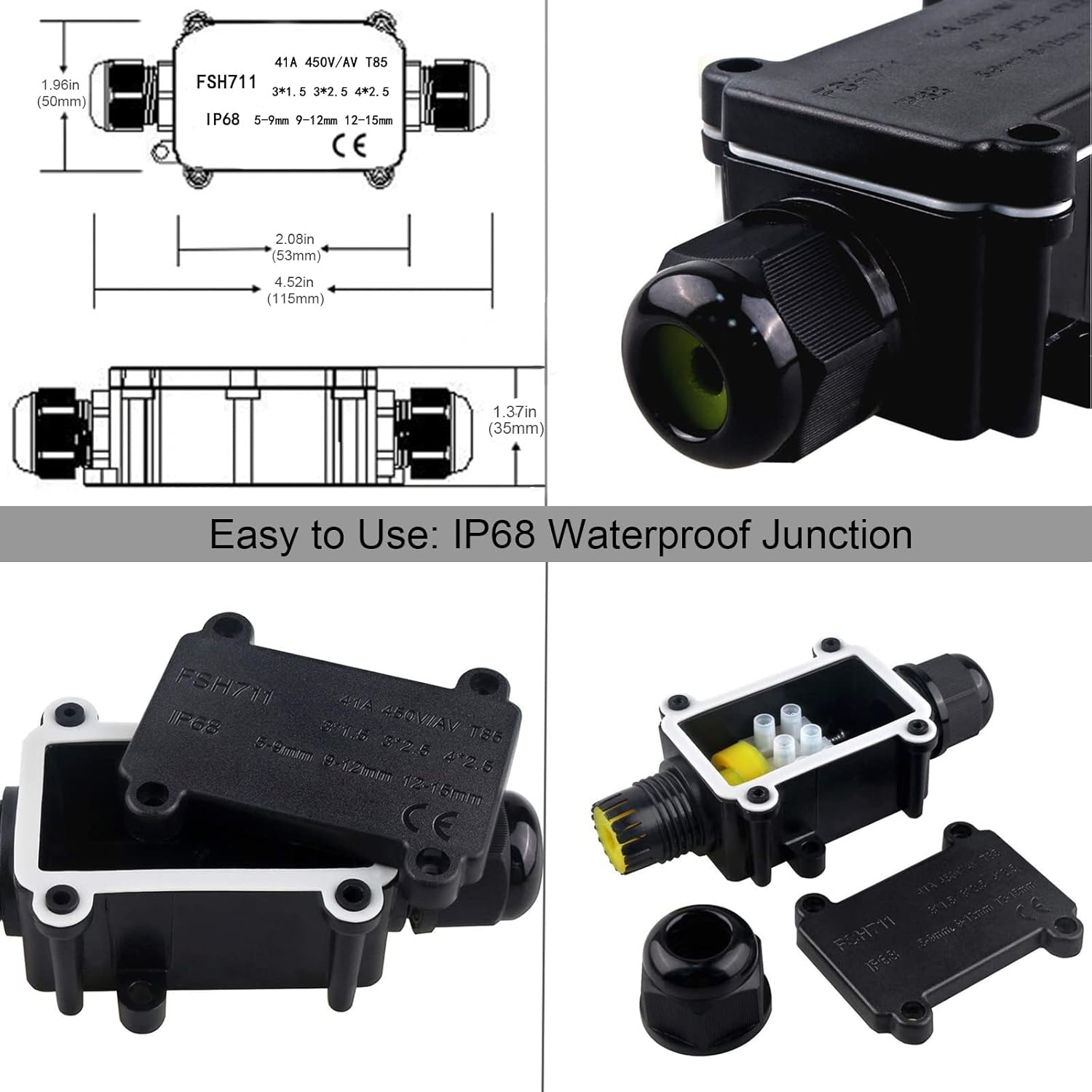 IP68 Waterproof Junction Box Outdoor/Indoor ABS Plastic Universal 2 Way M20 Coaxial 5-15mm Cable Connector External Electric Junction Box Underground