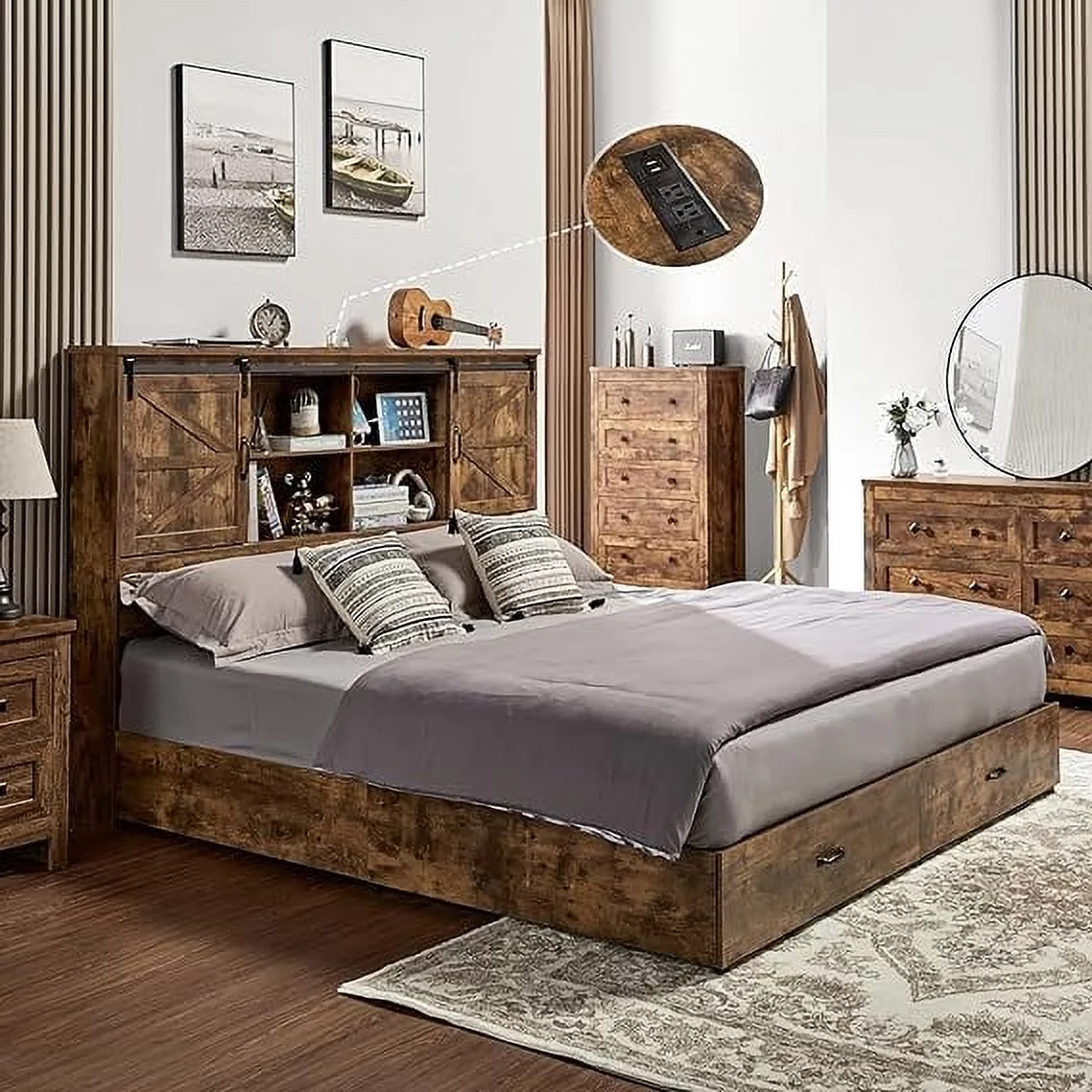 HOWE King Size Wooden Platform Storage Bed Frame with 51.2" Wood Bookcase Headboard(Rustic Brown)