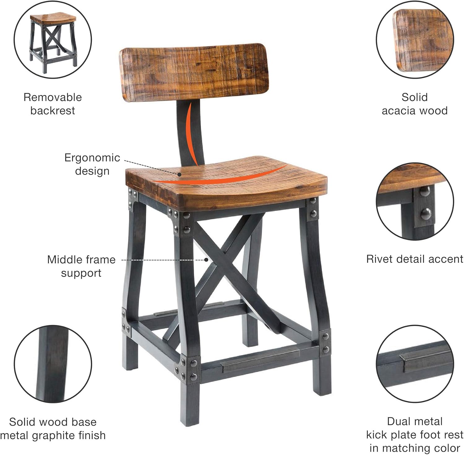 Ink+Ivy Lancaster Counter Stools, Contour Seat, Removable Backrest Modern Industrial Counter-Height Kitchen Chair, Solid Wood