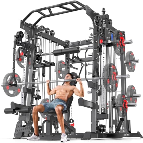 Power Cage Smith Machine Power Rack Multifunctional Deep Squat Rack Cable Crossover System Selectable More Training Attachment for Garage & Home Gym