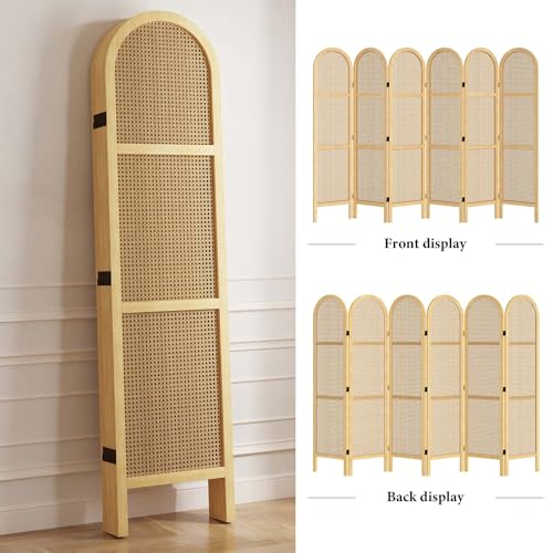 Room Divider and Folding Privacy Screens, Pine Wood 5.6 Ft Double Hinged Rattan Partition Freestanding Wall Room Divider for Home - 3 Panels