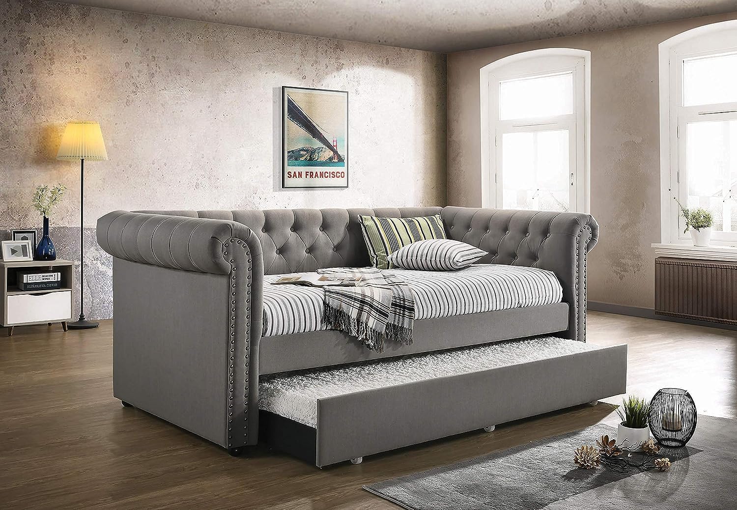 Coaster Furniture Kepner Modern Twin Size Tufted Upholstered Daybed with Trundle Rolled Arm Nailheads Gray Fabric 300549