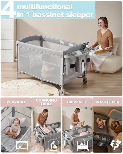 Baby 4 in 1 Bassinet Bedside Sleeper, 4 Functions Bedside Crib Sleeper, Playard, Changing Table, Baby Bassinet for Newborn Baby