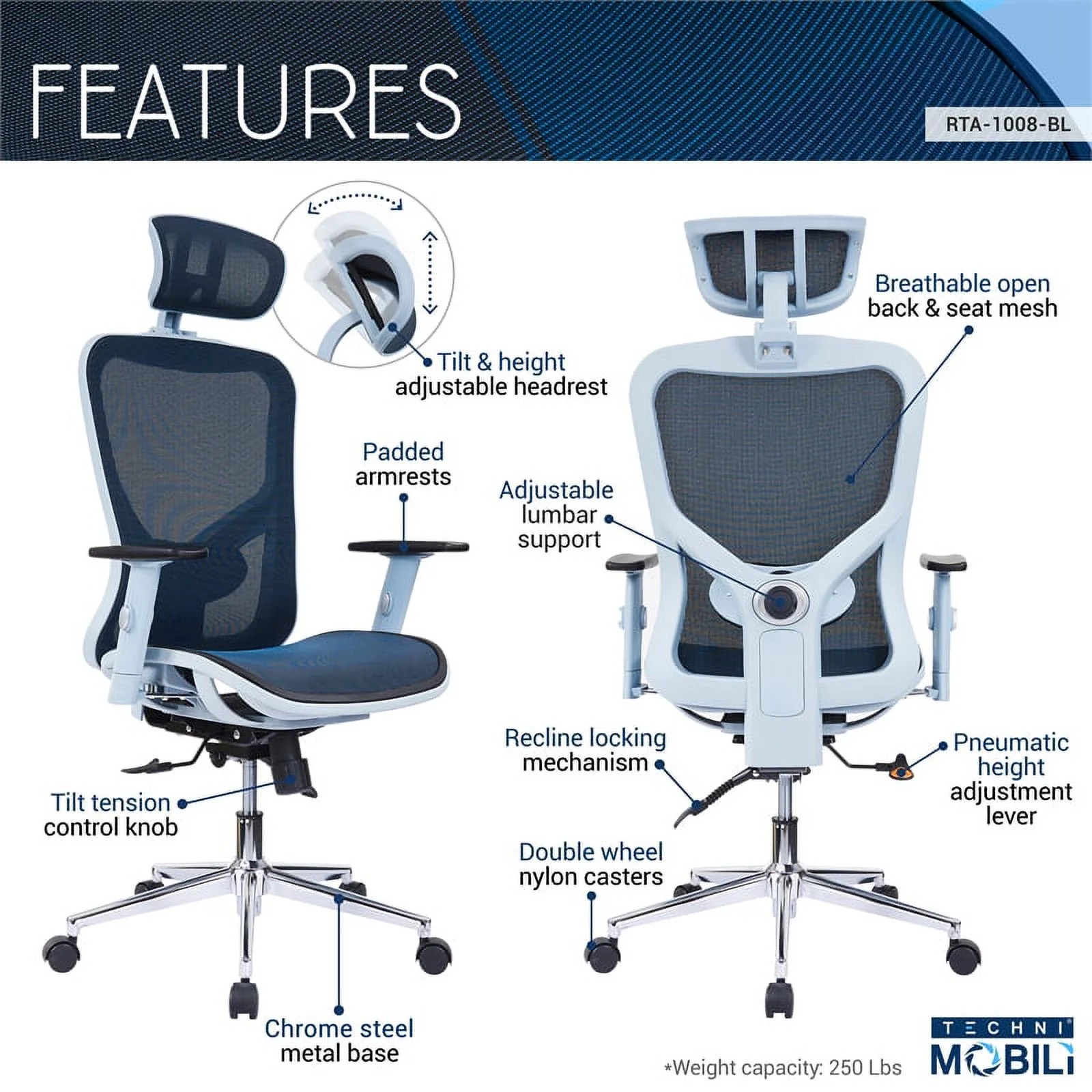 Scranton & Co High-Back Executive Fabric Mesh Office Chair with Arms in Blue
