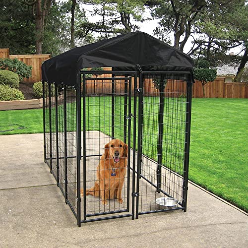 Stay Series 4 by 4 by 4.3 Feet Studio Jr. Black Powder Coat Steel Frame Outdoor Dog Kennel with Waterproof Canopy Roof and Gate Door, Khaki