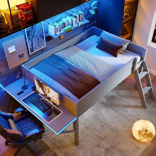 Modern Full Size Gaming Loft Bed with Built-in Desk and Storage Wardrobe, Wood Loft Bed Frame with Light Strip and 2 Drawers