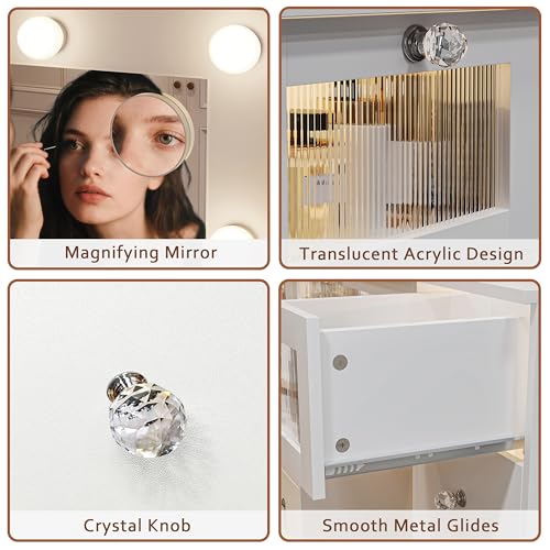Vanity Desk with Mirror and Lights, Glass Top Vanity with 9 Drawers Including 3 LED Drawers, 4 Shelves & Power Outlet